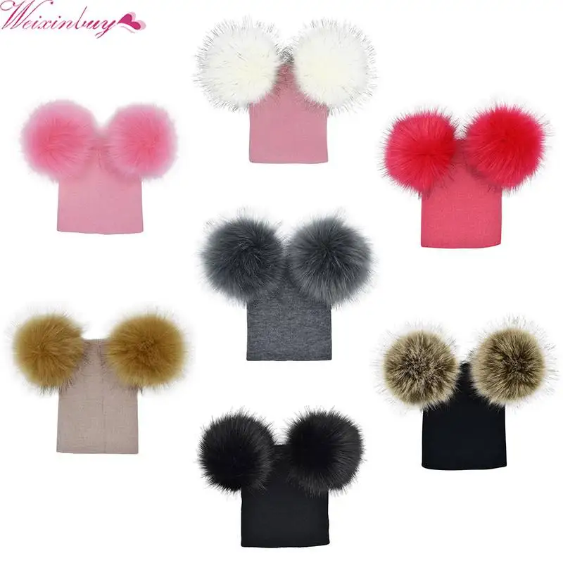 

Lanxxy Fur Pompom Hat Baby Winter Caps Knitted Wool Cotton Hats Two Pom Poms Skullies Beanies Bonnet Bebe Boy Girls Cap