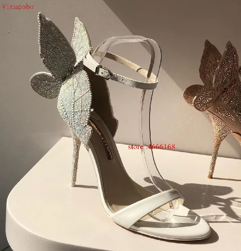 Пикантные разноцветные босоножки на металлическом каблуке со стразами и крыльями бабочки; женские пикантные Клубные свадебные туфли на высоком каблуке - Цвет: as the picture