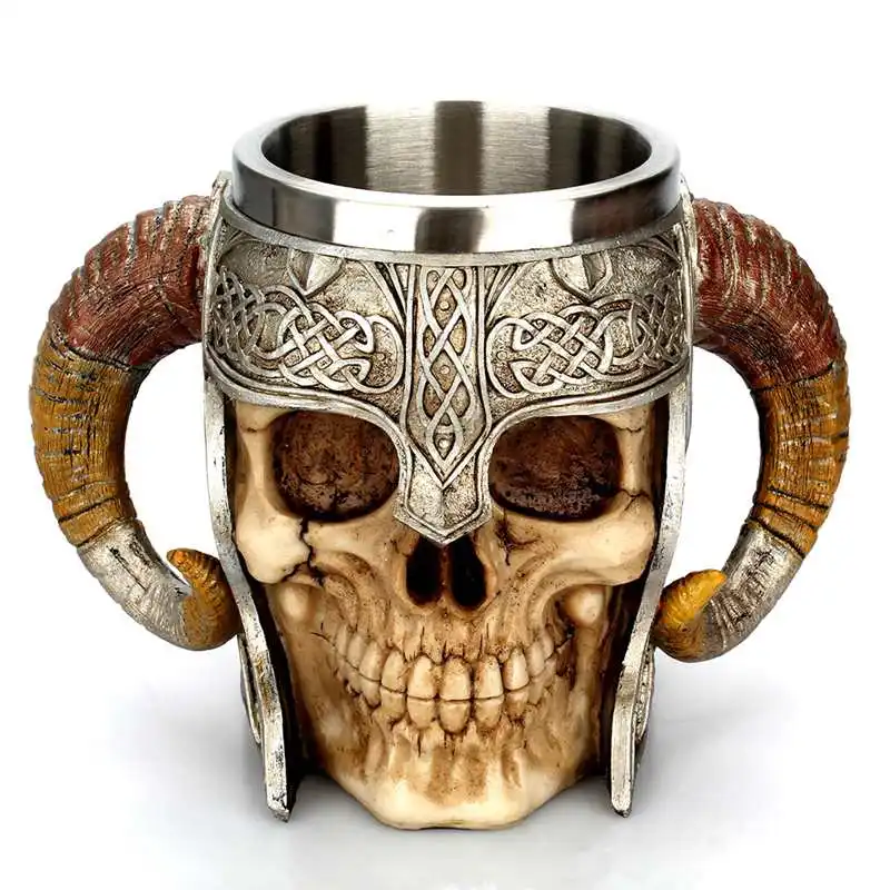 Викинг Ram Horned Pit Lord Warrior нержавеющая сталь Череп Кружка пивная Коза Рог Смола кружка кофе кружки Хэллоуин Бар Подарок чайная чашка - изображение