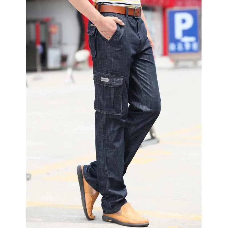 2015 New Long Pants Men Jeans Denim Trousers Mens Fashion Pants Relaxed Straight With Many Pockets Plus Size 29-42