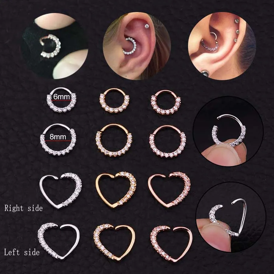 

Hot Round Heart CZ Zircon Helix Piercing Ear Tragus Cartilage Earring Silver And Gold Color Hoop Nose Ring 2019 New Arrival