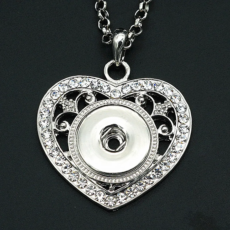 Fashion Rhinestone heart snap pendant necklace chain 60cm keychain fit 18MM snap buttons Fashion