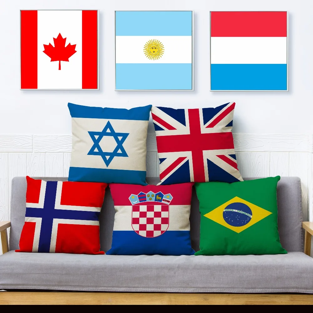 

National Flag Print Throw Pillow Cover 45*45cm Square Cushion Covers Cotton Linen Pillow Case Car Sofa Home Decor Pillows Cases
