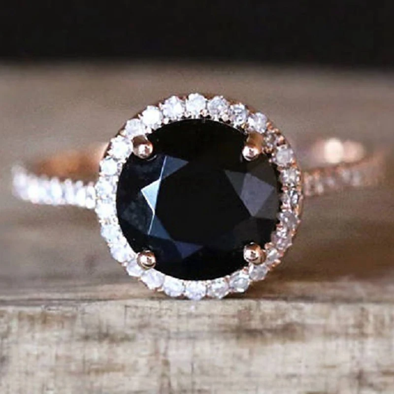 

Black Crystal Stone Rings Punk Ring For Man And Woman Rose Gold Color Rhinestone Finger Jewelry