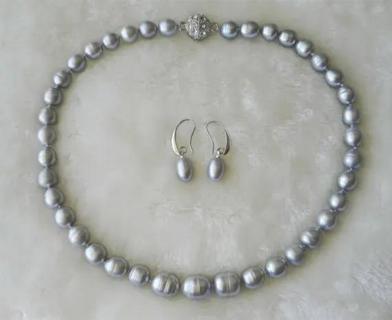 

Genuine Pearl Necklace Earrings Jewellery Set,AA 9-11MM Gray Color Real Freshwater Pearl Jewelry,Rhinestone Magnet Clasp
