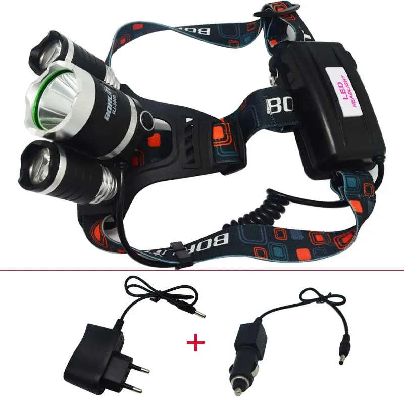 

3LED Headlamp 6000Lm  XML T6+2R5 LED Headlight Head Lamp Light +EU/US Car charger for fishing Lights