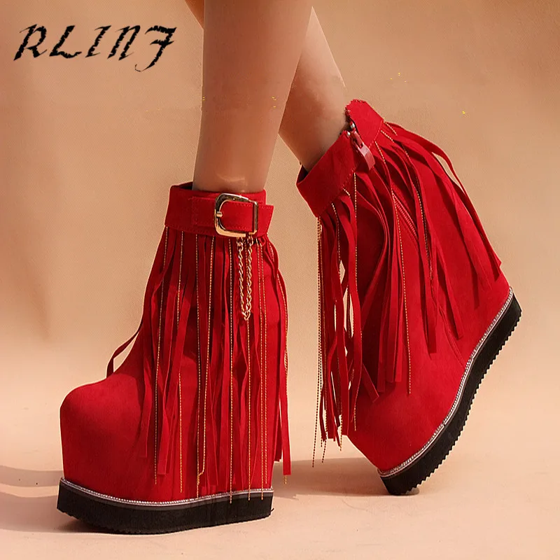 

RLINF 2018 Autumn Winter New Women's Shoes Simple Inside Increased 15cm Tassel Matte Tide Short Ankle Boots for Women