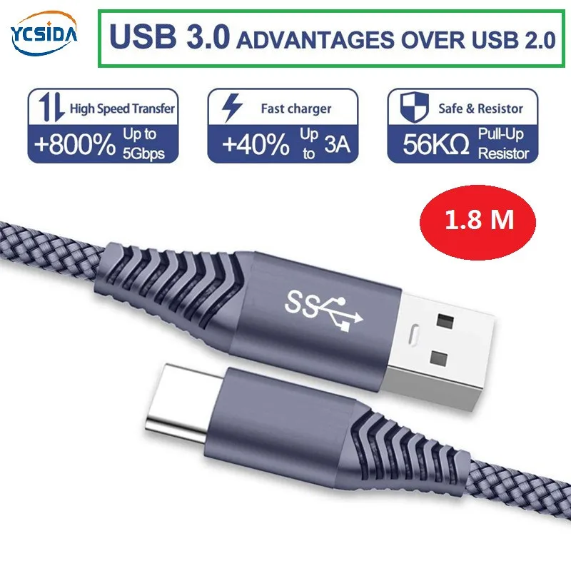 

1.8M USB 3.0 Sync Fast USB Type-C Charger Data Cable,For Samsung S10/G6/Huawei P30/Xiaomi 8 redmi note7/OPPO R17/vivo NEX