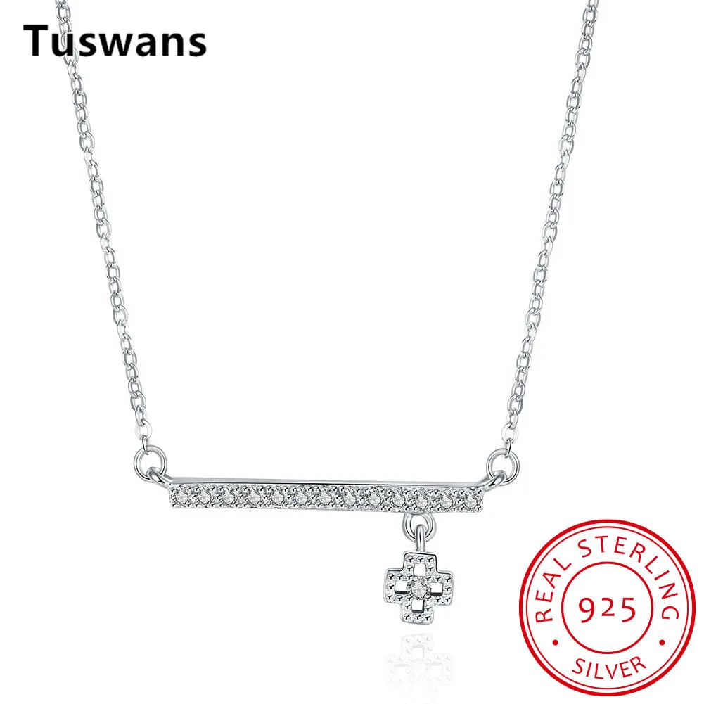 Real 100 925 Sterling Silver Simple Necklace with Shiny Cubic Zircon