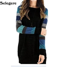 10 шт./партия, новая осенне-зимняя футболка с длинными рукавами, цветная Женская Полосатая футболка с круглым вырезом в европейском и американском стиле, Топ