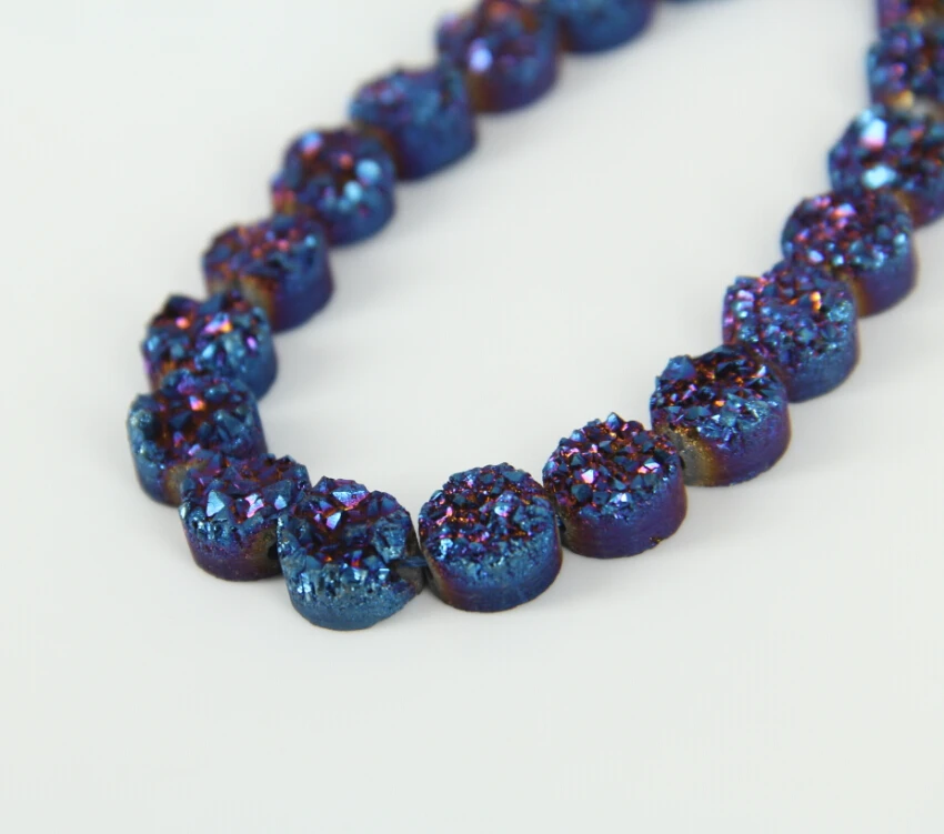 20pcs/str 10mm Natural Blue Purple Titanium Druzy Geode Flat Round Beads Pendants,Sparkly Drusy Raw Quartz Loose Beads Necklace
