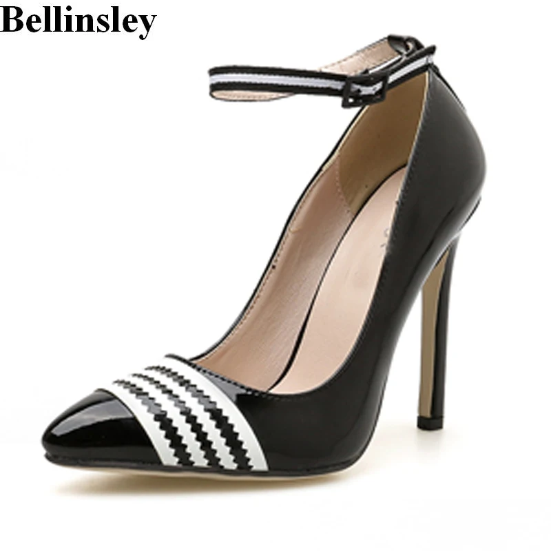 Pumps Woman Black White Striped Pointed Toe High Heels 11CM Wedding
