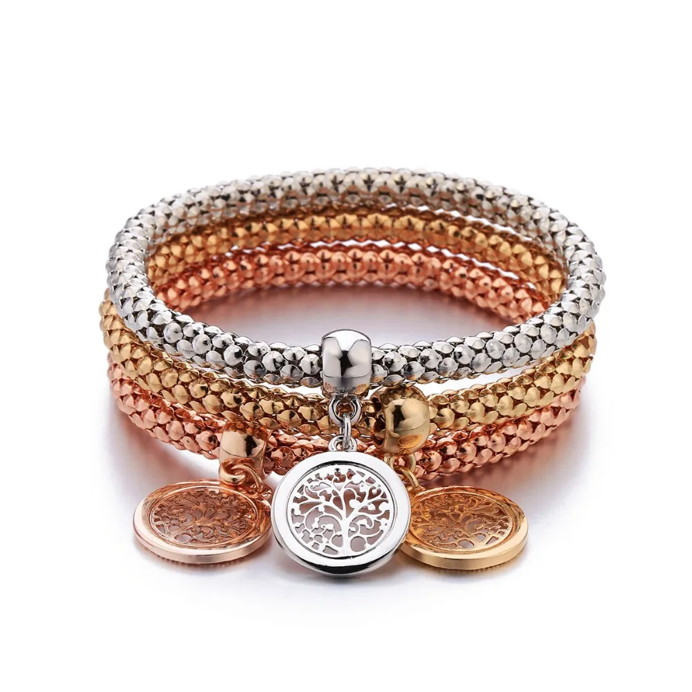 

3Pcs Life of Tree Hollow Charms Bracelets Silver Gold Elastic Rope Popcorn Bangles Femme Gift For Women Gifts Jewelry 2019 New
