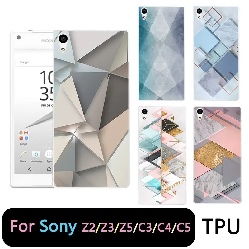

QMSWEI TPU Clear Soft Phone Case For Sony Z3 Z2 Z5 Z4 Grid Triangle Marble Printed Design Cute Style BackCover For Sony C3 C4 C5