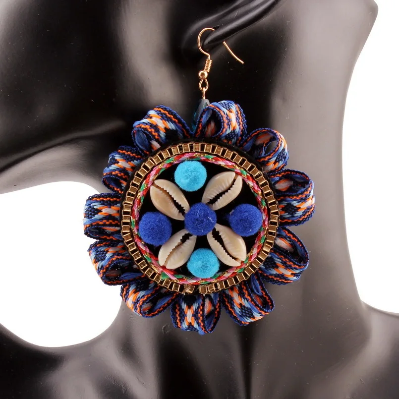

Florosy Round Pendant Bohemian Ethnic Pom Pom Drop Earrings for Women Handmade Statement Shell Vintage Rope Dangle Earrings New