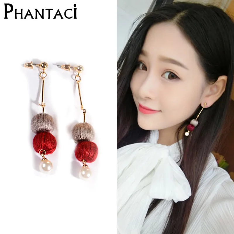 2018 NEW Arrival Korean Style Pearl Cotton Ball Drop Earrings for Women