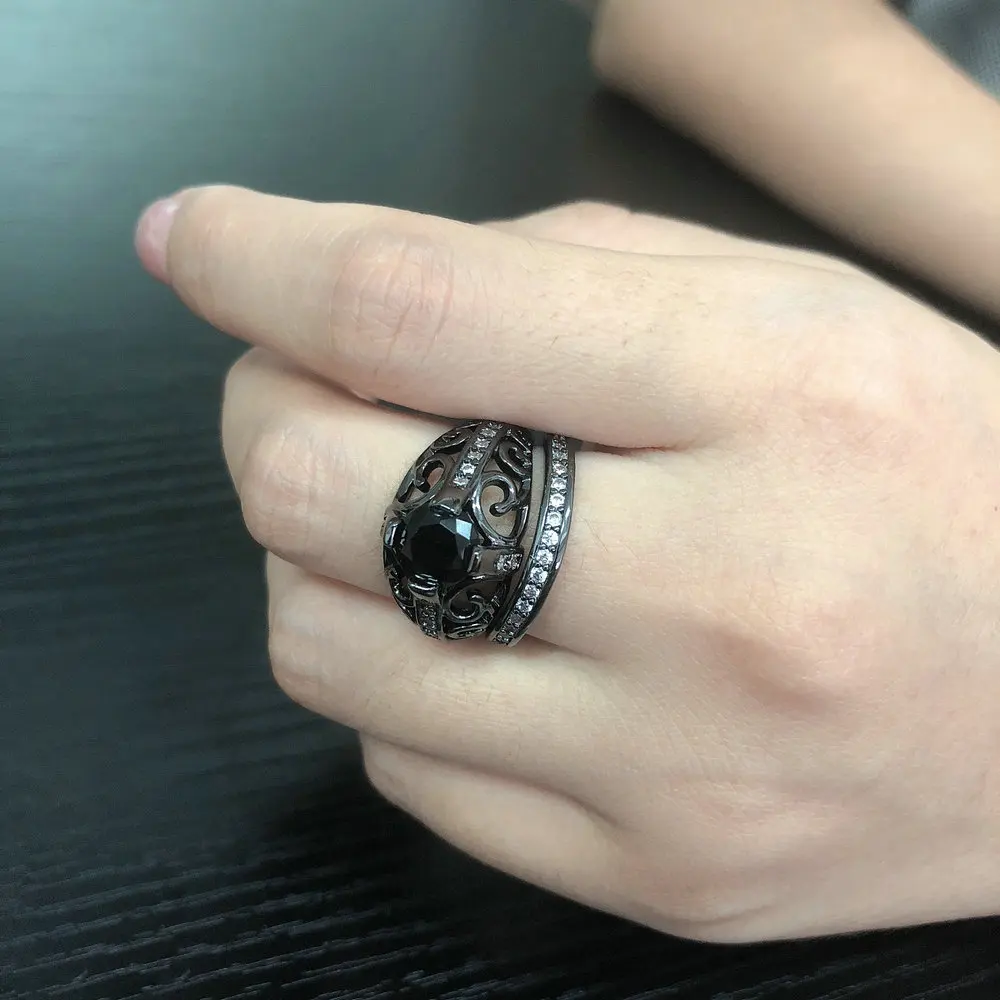 Double Fair Punk Style Couple Rings For Men / Women Black Gold Color Ring Set Black Nano Stone Women's Jewelry DFYG054