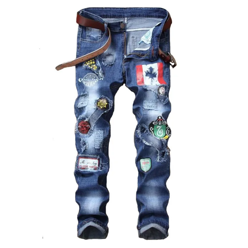 2019 New Man Slim Jeans Printed Embroidery Patchwork Stretch Spliced Ripped Holes Men Denim Pants Streetwear Cool High Quality