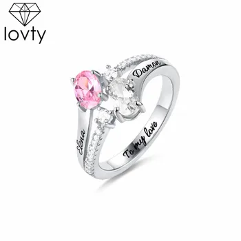 

lovty Two Birthstone Promise Ring Valentine's Day Gift for Lover Engraved Name Ring Mother's Gift for Mom Dropshipping
