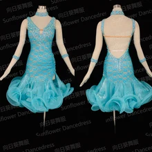 MEW Rumba Jive Chacha платье для латинских танцев, Одежда для танцев, платье для латинских танцев с бахромой, платье для танго, сальсы, самбы, голубое платье, платье Подсолнух для танцев