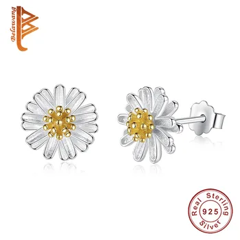 

BELAWANG Pure 925 Sterling Silver Earrings Yellow Gold-color Daisy Flower Stud Earring for Women Wedding Party New Jewelry