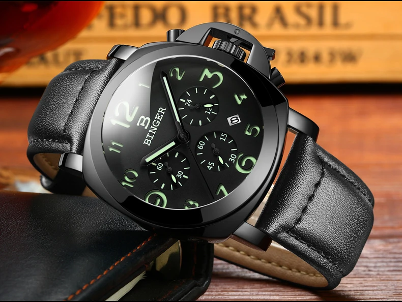 Крутые светящиеся часы для мужчин, военные часы с ремешком из натуральной кожи, кварцевые наручные часы с хронографом и календарем, функция Montre