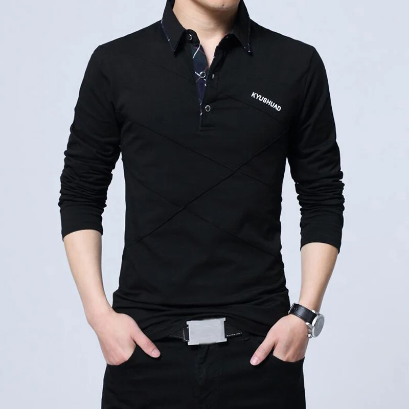 Мужская футболка, фирменная новинка, весна-осень, мужская повседневная Модная хлопковая Однотонная рубашка с отложным воротником и длинным рукавом, одежда - Цвет: Черный