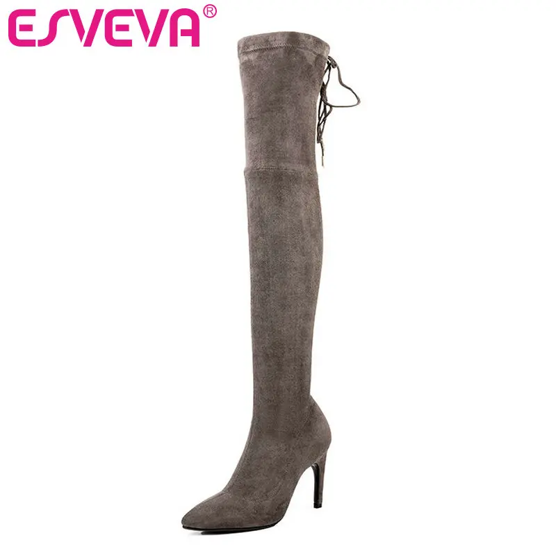 

ESVEVA 2020 Over The Knee Boots Winter Women Boots Thin High Heel Lace Up Fabric Fashion Motorcycle Boots Platform Size 34-39