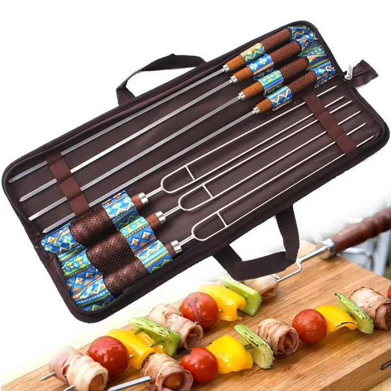 7pcs/set Outdoor U shaped Barbecue Fork Stainless Steel Wood Handle