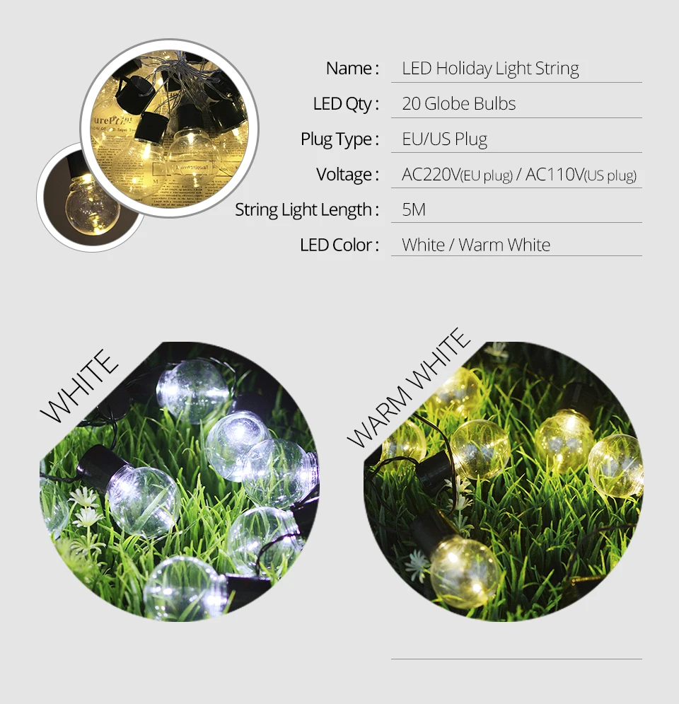 Festoon LED Globe Fairy String Lights Christmas Garland 20 LED String Light Balls Bulb Outdoor Wedding Garden Party Decoration (4)