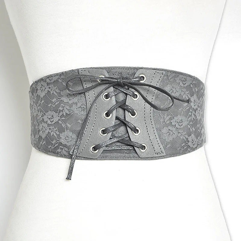 

2019 Vintage PU Leather Cotton Lace Up Corset Belts for Women Black Gray Printed Wide Waist Belt Ladies Cummerbunds Accessories
