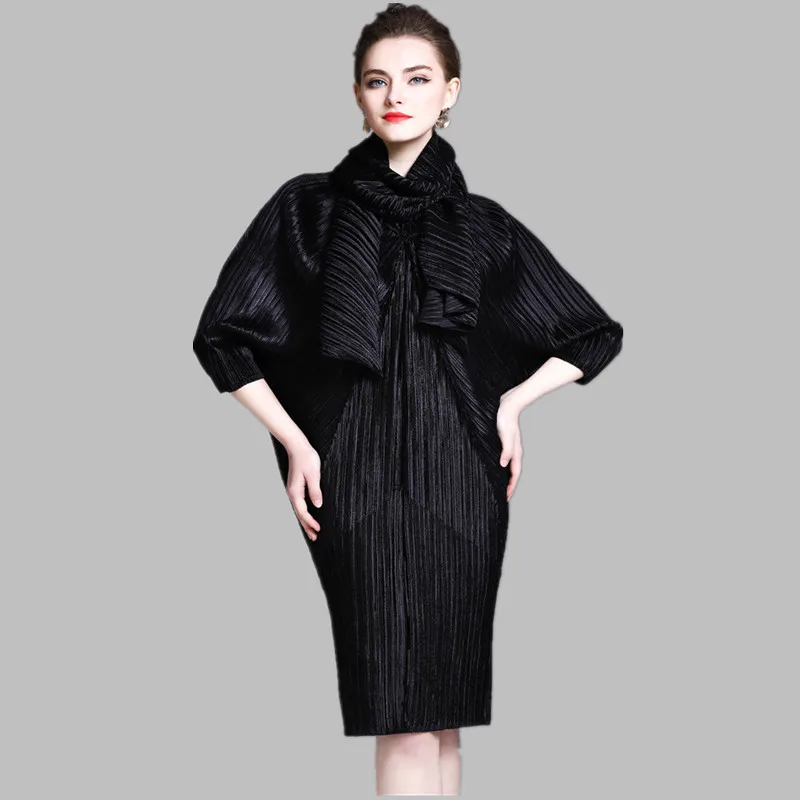 

European station spring and autumn new folds dress large code high-end women's clothing annual dinner miyake pleated dress