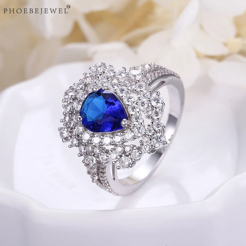 

PHOEBEJEWEL Hot Sale Silver Color With AAA Blue CZ Ring For Women Wedding Engagement Fashion Jewelry anillos mujer