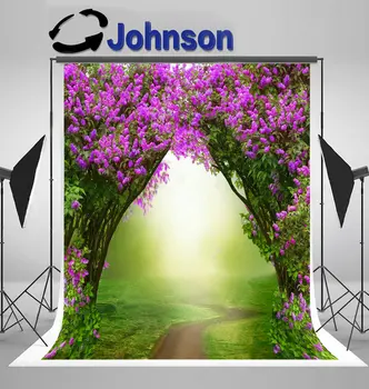 

Magic Forest Road.Spring Landscape Lilac Trees Blossom background Vinyl cloth Computer print wall photo backdrop