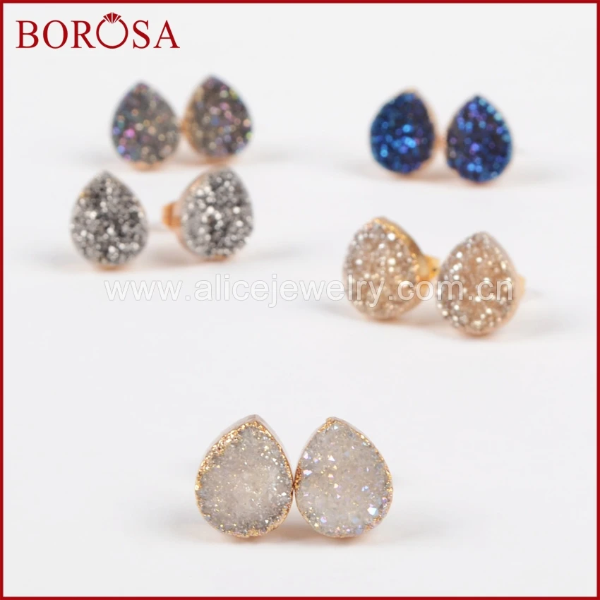 Женские серьги пусеты BOROSA 1 пара золотых кристаллов с натуральным кристаллом Druzy