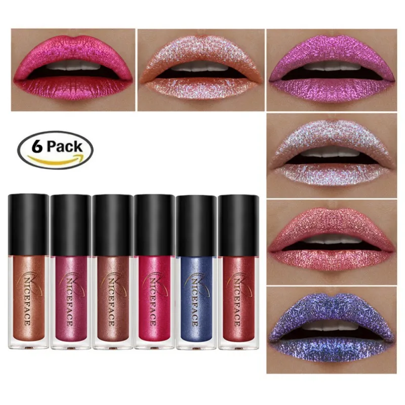 Women Lip Gloss Makeup Set 6 Packs Metallic Shade Shimmer Lipsticks