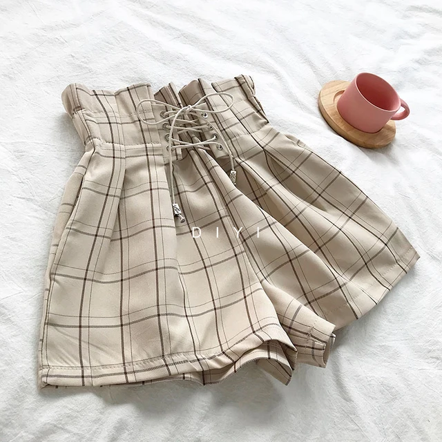 CamKemsey Japanese Harajuku Retro Plaid Summer Shorts Women 2019 Fashion Lace Up High Waist Wide Leg Shorts Girls Hot Shorts 4