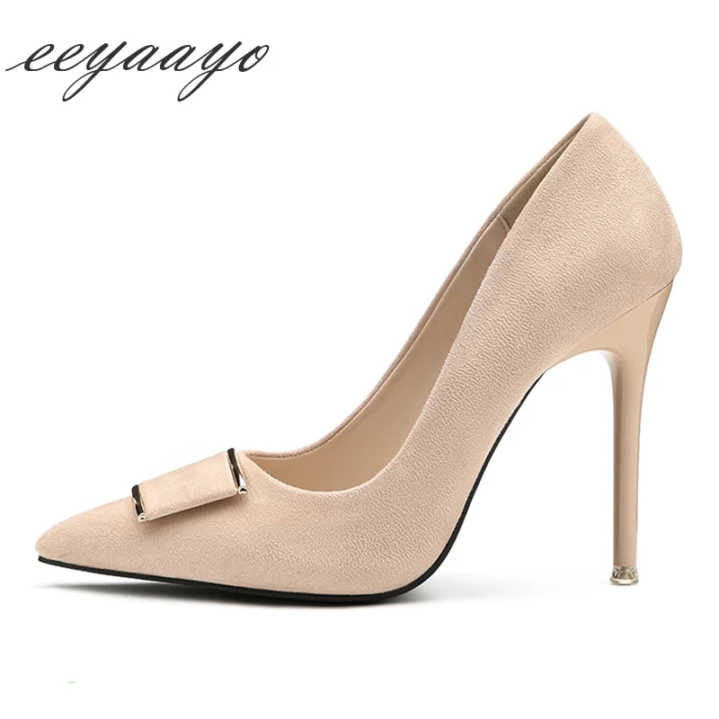 

2019 New Spring/Autumn Women Pumps High Thin Heels Pointed Toe Shallow Metal Decoration Sexy Women Shoes Apricot High Heels
