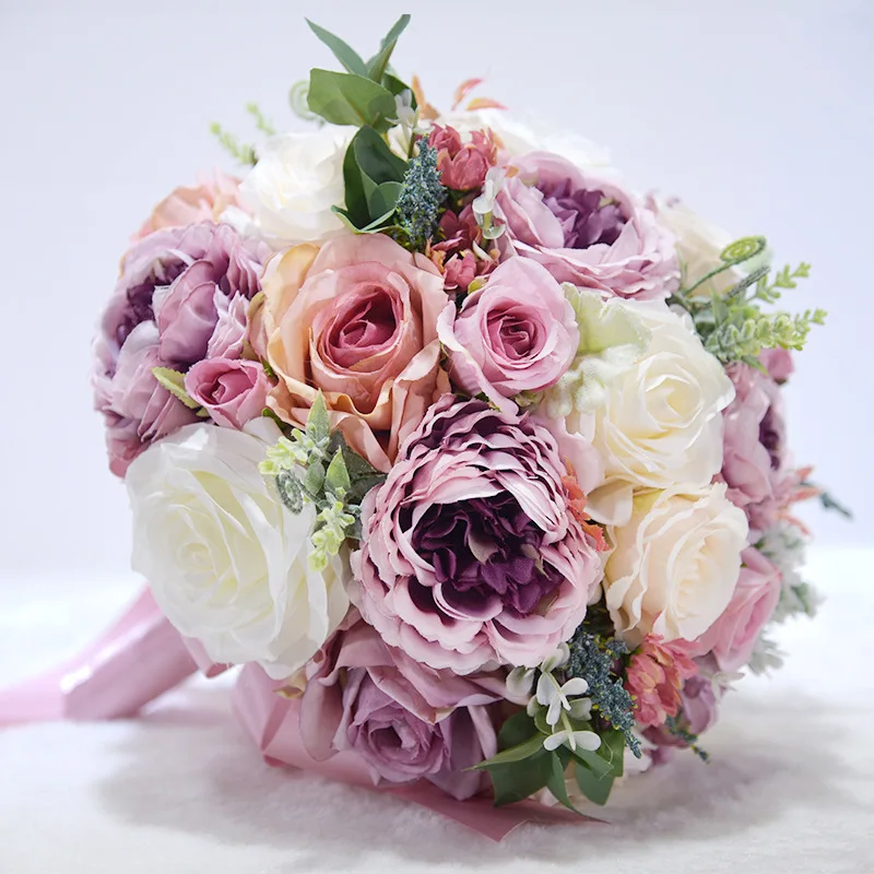 JaneVini Романтические Розовые/фиолетовые Свадебные букеты шелковые цветы ручной работы невесты Брошь Аксессуары букет искусственная Роза