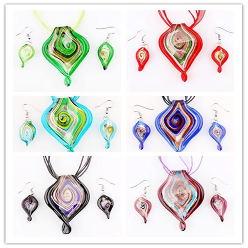 

QianBei Wholesale Bulk 6sets Murano Lampwork Glass Big Leaves Pendant Silver P Beauty charms Necklace+Earrings For women gift