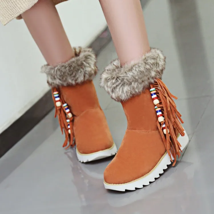 

Big Size 11 12 13 Suede round head flat bottom waterproofing platform with fringed artificial short plush snowboots and boots