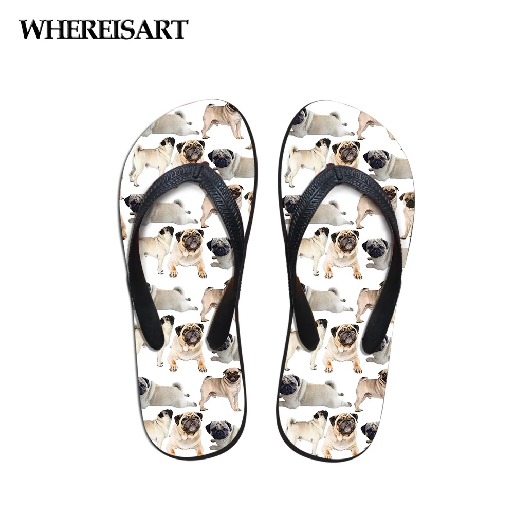 

WHEREISART Women Flip Flops Cute Pug Dog Pattern Casual Women's Flats Flipflops Home Slip-on Rubber Ladies Slippers Woman Shoes