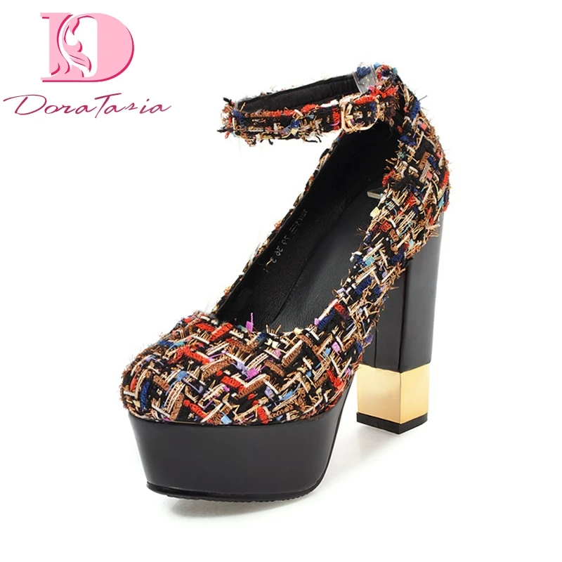 

DoraTasia 2018 New Plus Size 32-43 Buckle Strap Women Shoes Chunky High Heels Platform Women Pumps Shoes Woman