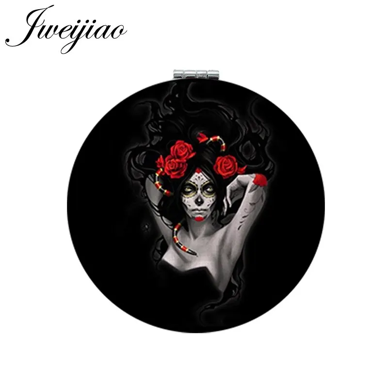 

JWEIJIAO Sugar Skull Women Round Black background Makeup Mirror Mini Folding Compact Portable 1X/2X Magnifying Pocket Mirror