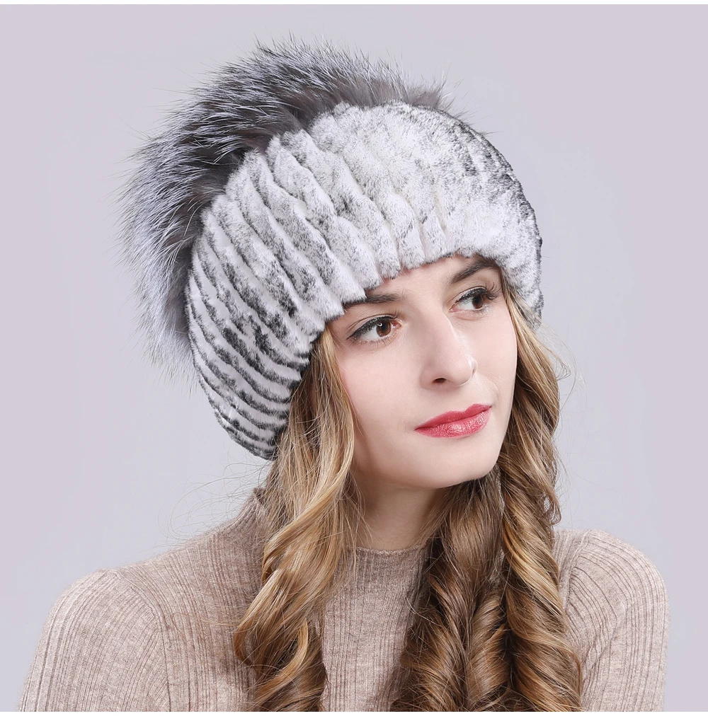 Outdoor Women Warm Soft Genuine Rex Rabbit Fur Hat Knitted Natural Real Sliver Fox Fur Caps Winter Real Rabbit Fur Beanies Hats