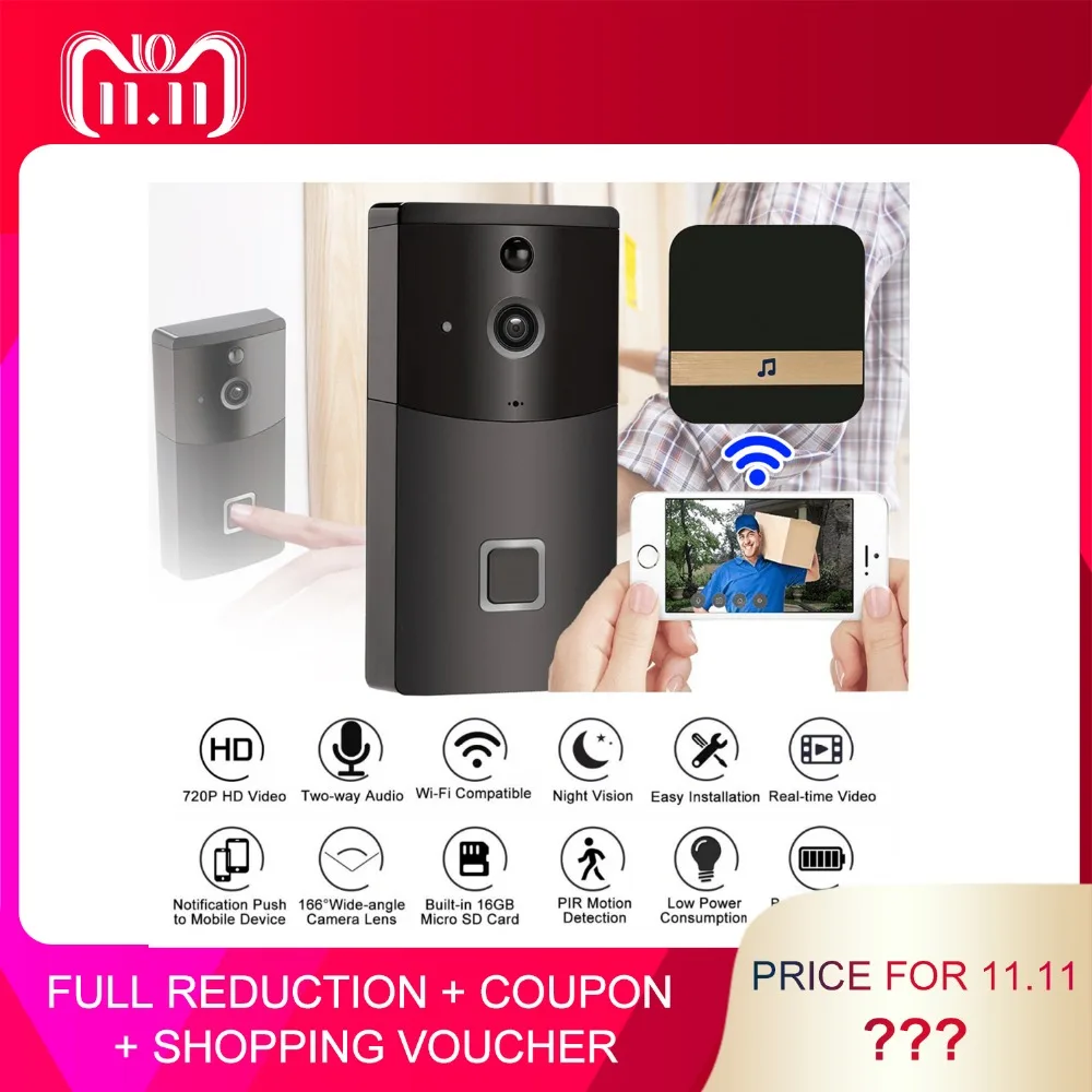 

2.4GHz WiFi Video Doorbell HD 720P Camera Smart Speaker Night Vison Motion Detetion Wake-up For IOS/Android Viewing