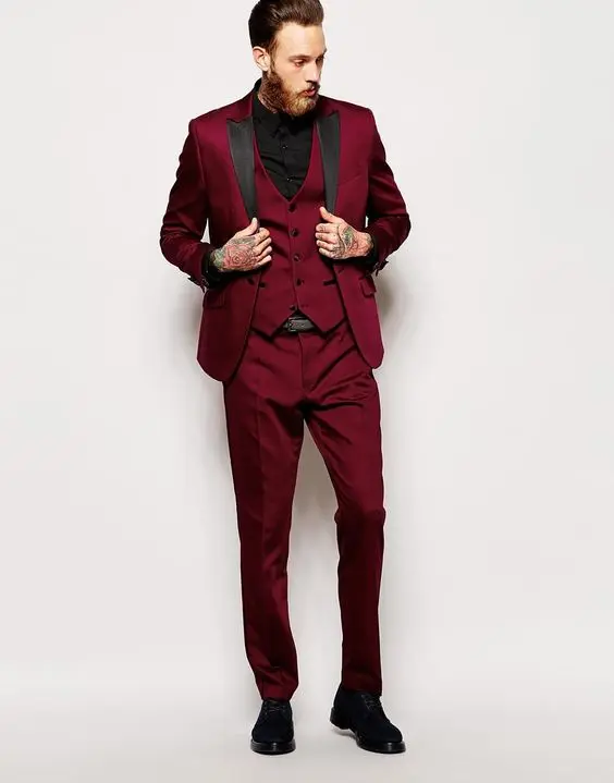 1 Handsome Dark Red Mens Dinner Prom Suits Groom Tuxedos Groomsmen Wedding Blazer Suits (Jacket+Pants+Vest+Tie) 