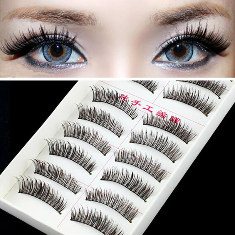 10 Pairs Hand made full strip Fake False Eyelashes Natural Long Look cotton stem 217 free shipping Beauty Health Makeup Tools