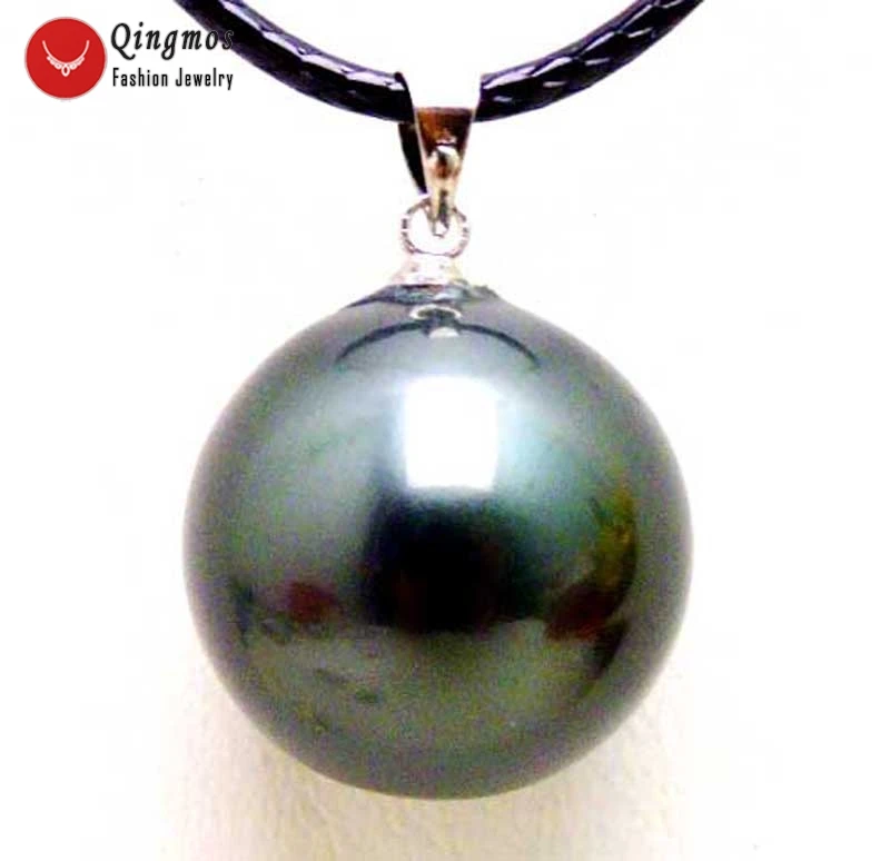

Qingmos Black Round Pendant & Necklace for Women with 18mm Luster Sea Shell Chokers Pearl Necklace 18" Leather Cord-nec5931