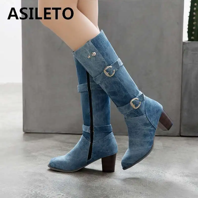 

ASILETO Big Size 34-46 Western Cowboy Booties Square Heels Zipper Buckle Denim Shoes Mid-calf Boots Women Pointed Toe Black Blue
